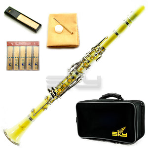 SKY Yellow ABS Student Bb Clarinet with Case, Mouthpiece, 11 Reeds, Care kit and more