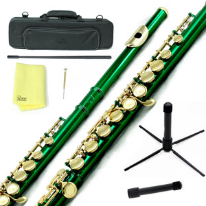 Sky C Foot Flute Green Gold Closed Hole Band Approved