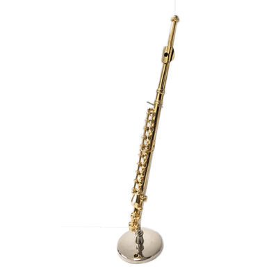 Dselvgvu Flûte miniature en cuivre avec support et étui - Mini instrument de musique miniature - Maison de poupée miniature - Mini flûte dorée - Argenté - 7,6 cm